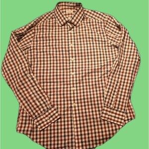 Izod Shirt Size 17 (36/37) Red Blue Plaid Long Sleeve Collared Pocket Button Up